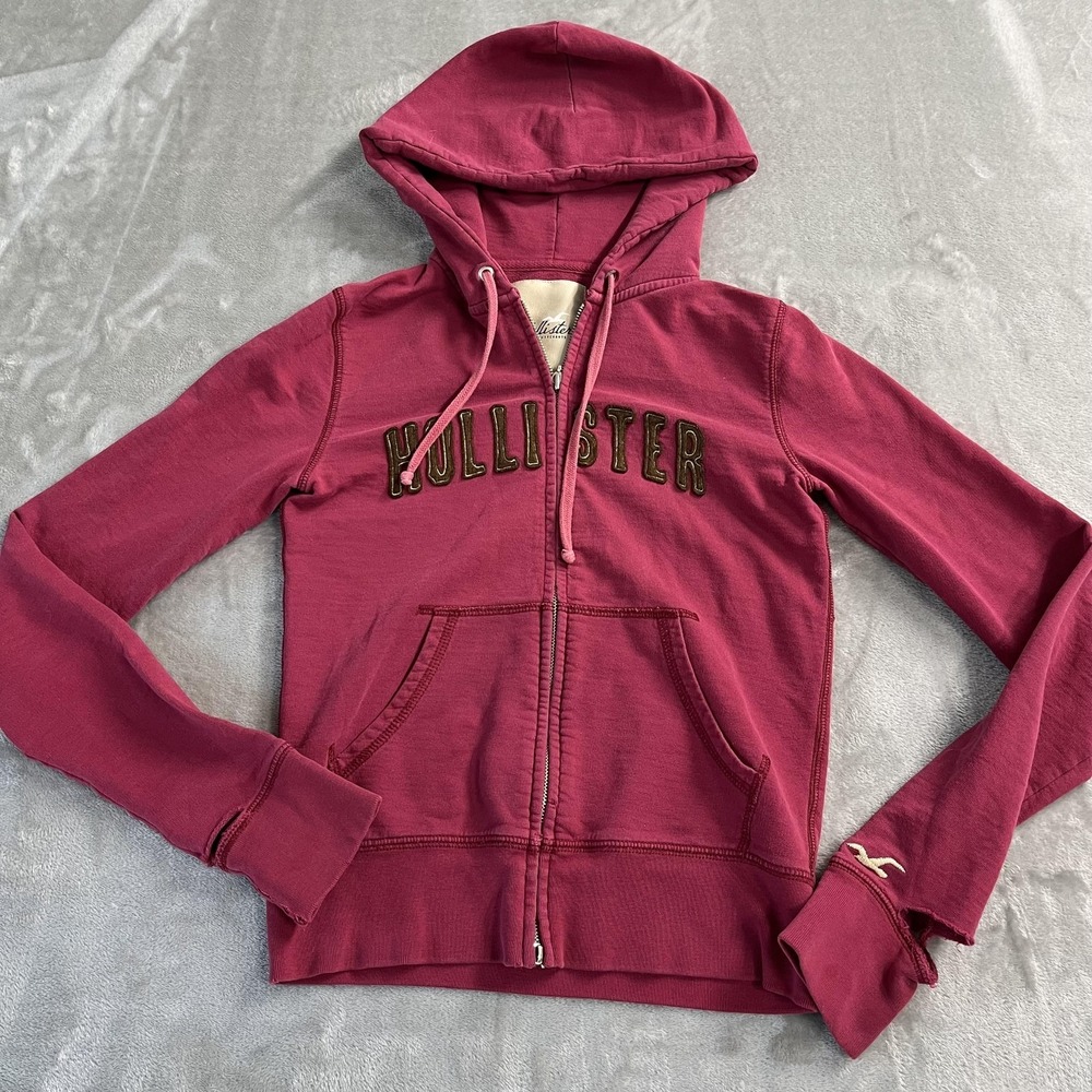 Hollister Hoodie Juniors Medium Pink Full Zip Embroidered Logo Sweatshirt Y2K